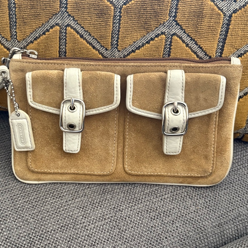 Coach Tan Suede Wristlet with Cream Trim
